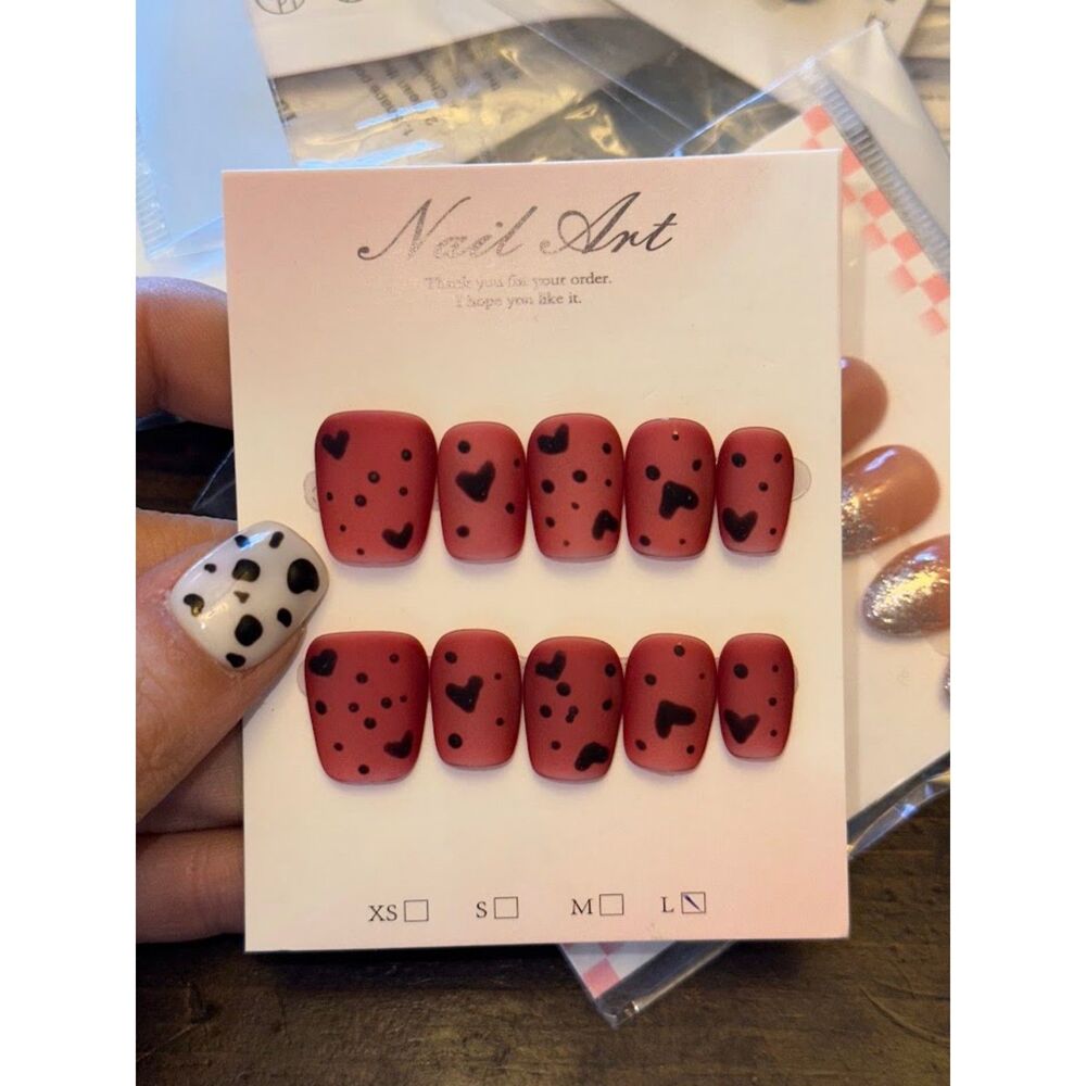 Matte Red w/ Hearts Square Press On Nails Size Large